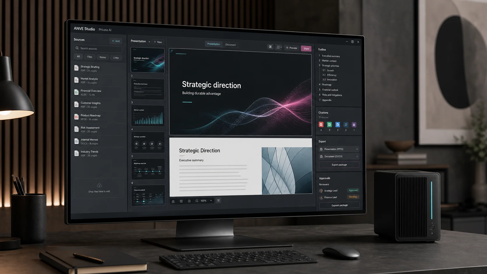 Concept interface showing ANVE creating a presentation and formal document from approved source material